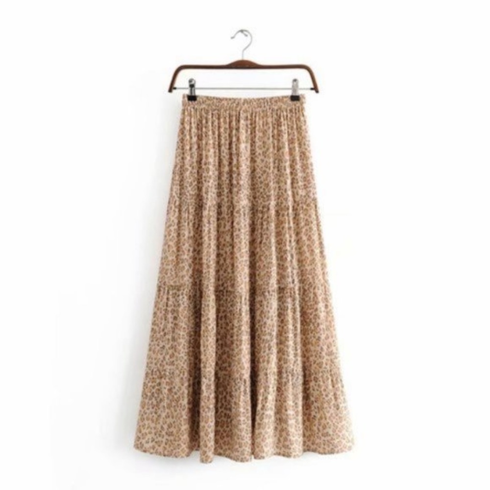 047 Boho Leopard Drawstring Ruffle Maxi Skirt Brown - Picture 8 of 9